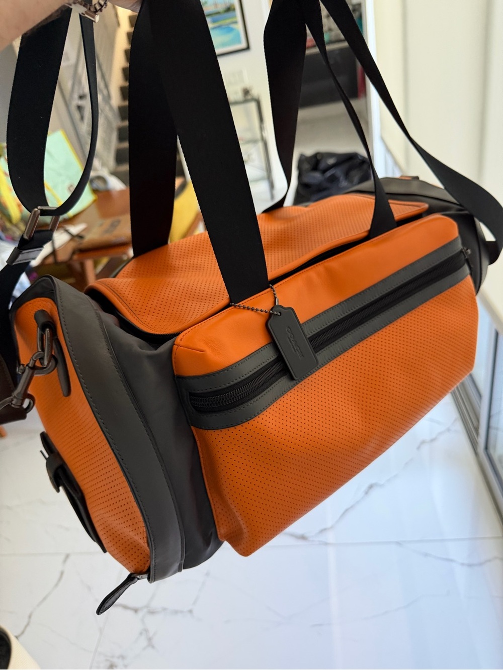 Coach Terrain Gym Bag F56875 Orange/Black Perforated Leather Duffel